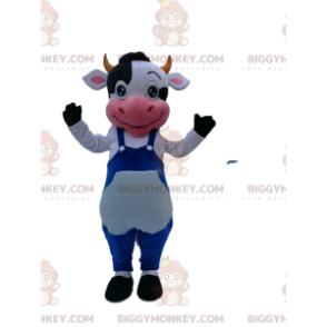 BIGGYMONKEY™ Mascottekostuum Zwart-witte koe met blauwe overall