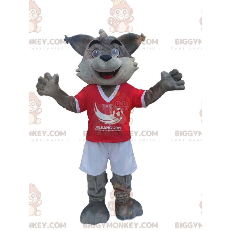 BIGGYMONKEY™ Mascottekostuum Grijze wolf in rood en wit