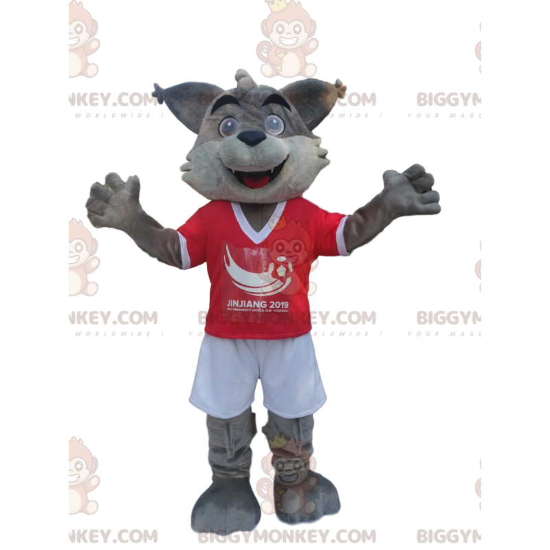 BIGGYMONKEY™ maskotkostume Grå ulv i rødt og hvidt sportstøj -
