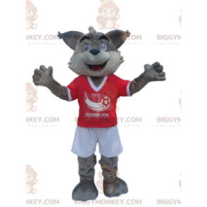 BIGGYMONKEY™ Mascottekostuum Grijze wolf in rood en wit