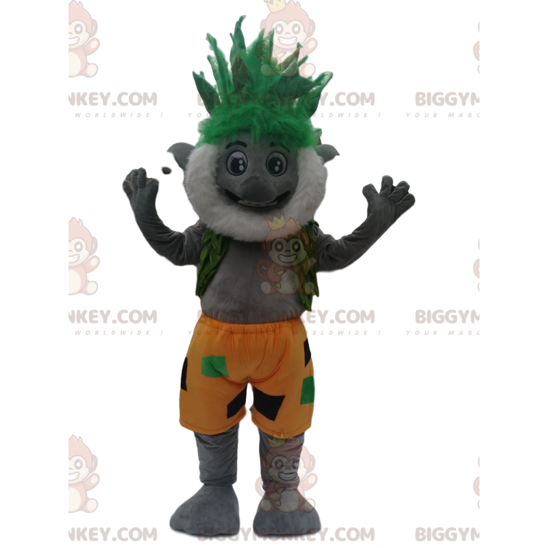 BIGGYMONKEY™ mascottekostuum grijs karakter met groene bladeren