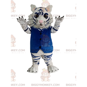 BIGGYMONKEY™ mascottekostuum witte en zwarte tijger met blauw