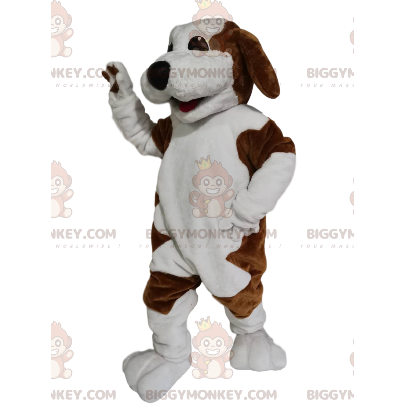 Braun-weißer Hund BIGGYMONKEY™ Maskottchen-Kostüm mit einem