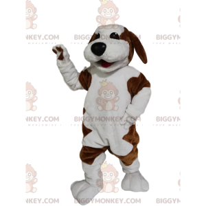 Kostým hnědobílého psa BIGGYMONKEY™ maskota s krásným úsměvem –