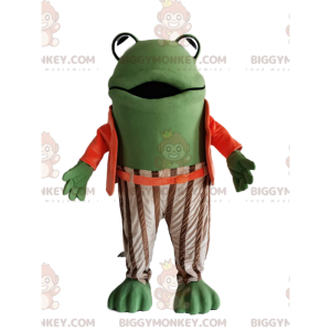 Costume da mascotte BIGGYMONKEY™ rana verde con abito a righe