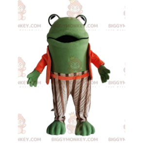 Costume da mascotte BIGGYMONKEY™ rana verde con abito a righe