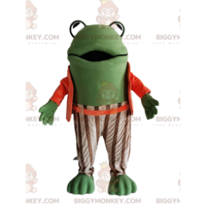 Traje de mascote Green Frog BIGGYMONKEY™ com terno listrado