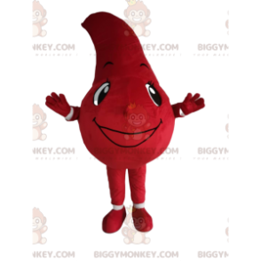 Traje de mascote BIGGYMONKEY™ de gota vermelha com um sorriso