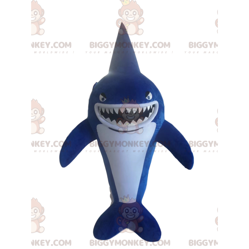 Traje de mascote aterrorizante de tubarão azul e branco