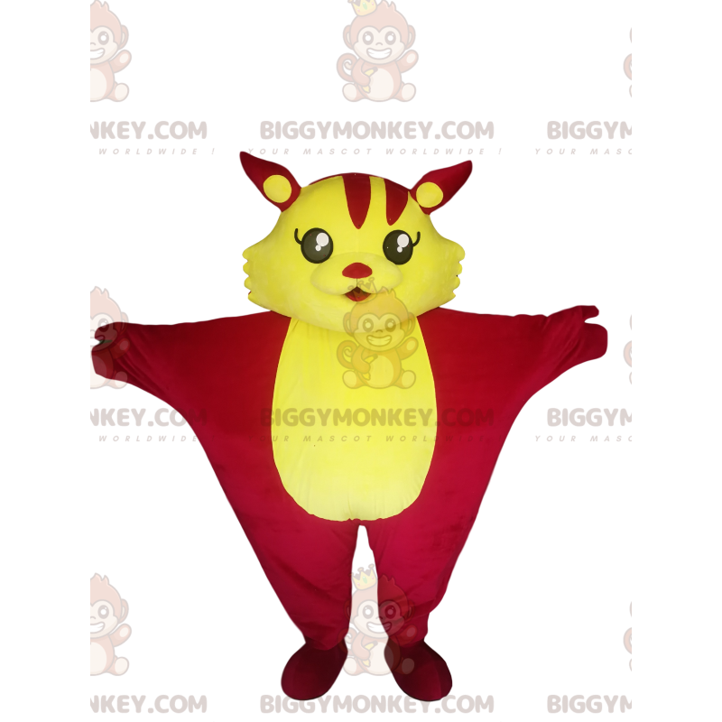 Traje de mascote de gato voador amarelo e fúcsia BIGGYMONKEY™.