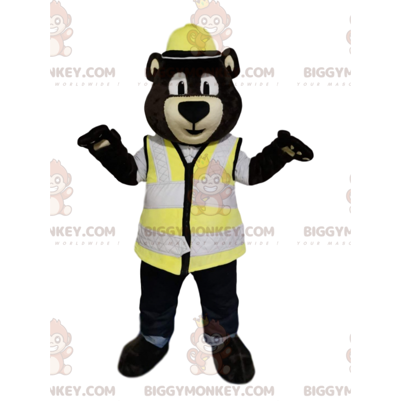 Brun bjørn BIGGYMONKEY™ maskotkostume med hjelm og gul vest -