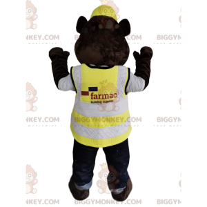 Brown Bear BIGGYMONKEY™ maskottiasu, jossa kypärä ja keltainen