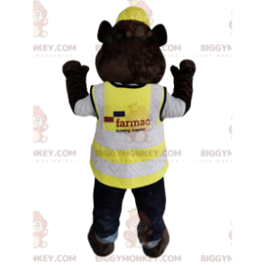 Bruine beer BIGGYMONKEY™ mascottekostuum met helm en geel vest