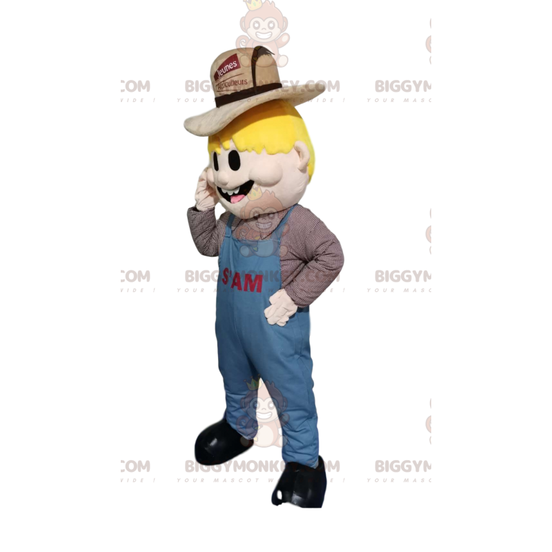 Blonde Man BIGGYMONKEY™ Mascot Costume with Overalls and Farmer