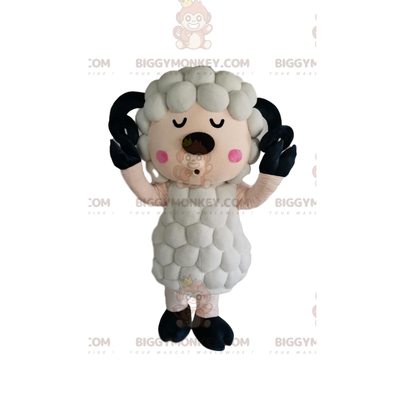 Costume de mascotte BIGGYMONKEY™ de mouton blanc avec un pelage