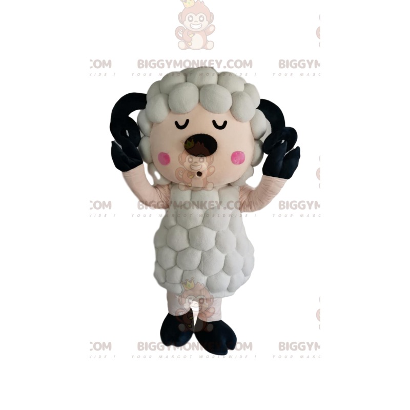 Weißes Schaf BIGGYMONKEY™ Maskottchen-Kostüm mit schrulligem