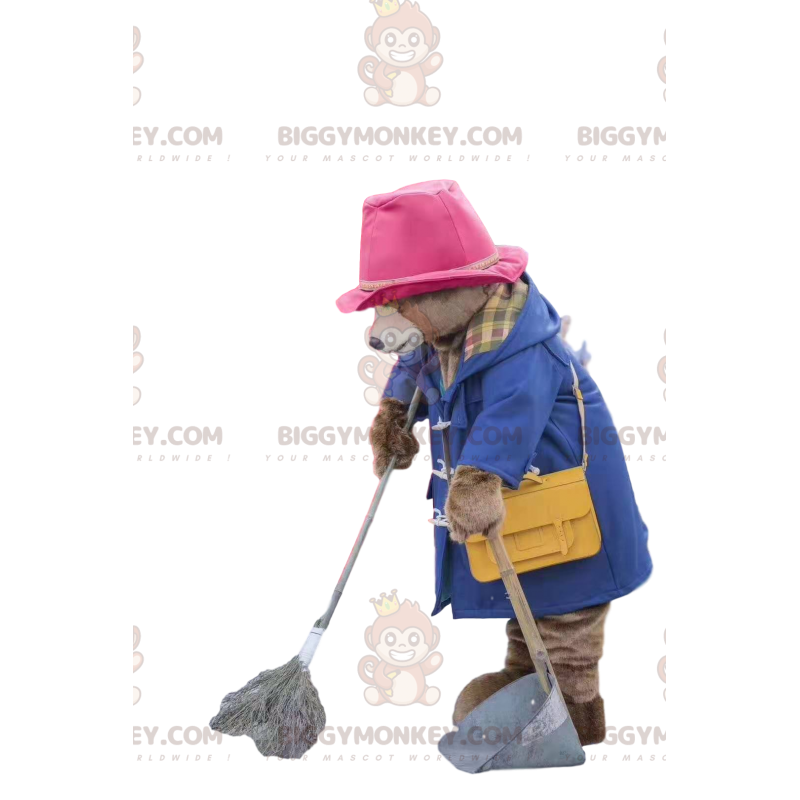 Bear BIGGYMONKEY™ Mascot Costume with Blue Coat and Pink Hat -
