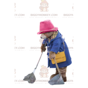 Bear BIGGYMONKEY™ Mascot Costume with Blue Coat and Pink Hat –