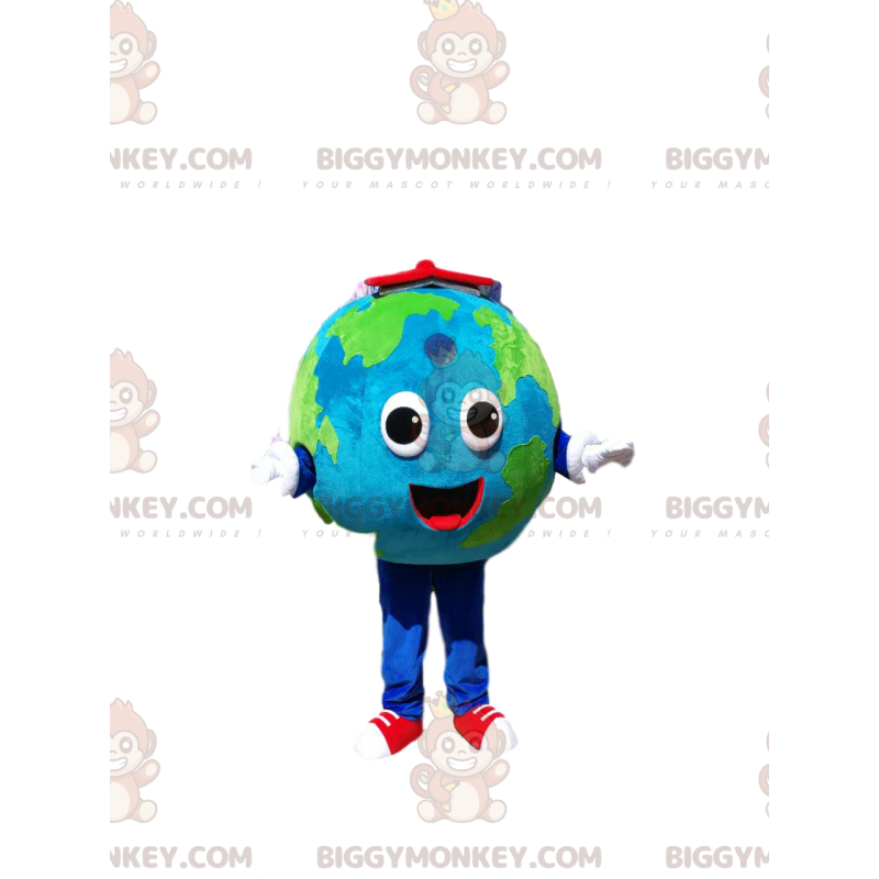 BIGGYMONKEY™ Earth Mascot -asu valtavalla hymyllä ja punaisella
