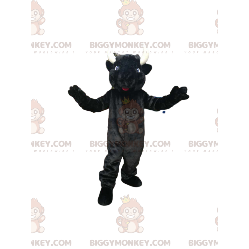 BIGGYMONKEY™ mascottekostuum van zwarte koe met mooie hoorns en