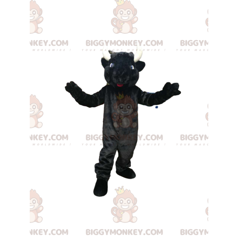 Traje de mascote BIGGYMONKEY™ de vaca preta com belos chifres e