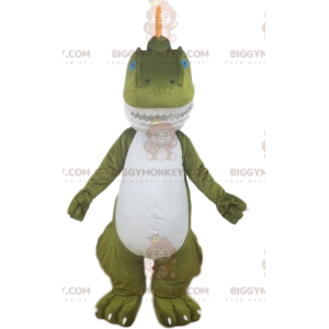 Grön och vit dinosaurie BIGGYMONKEY™ maskotdräkt med söta