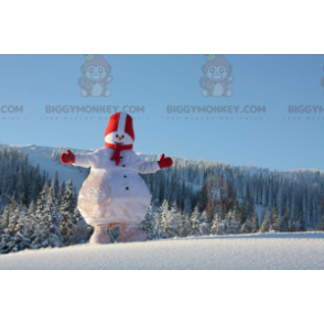 Traje de mascote de boneco de neve branco e vermelho