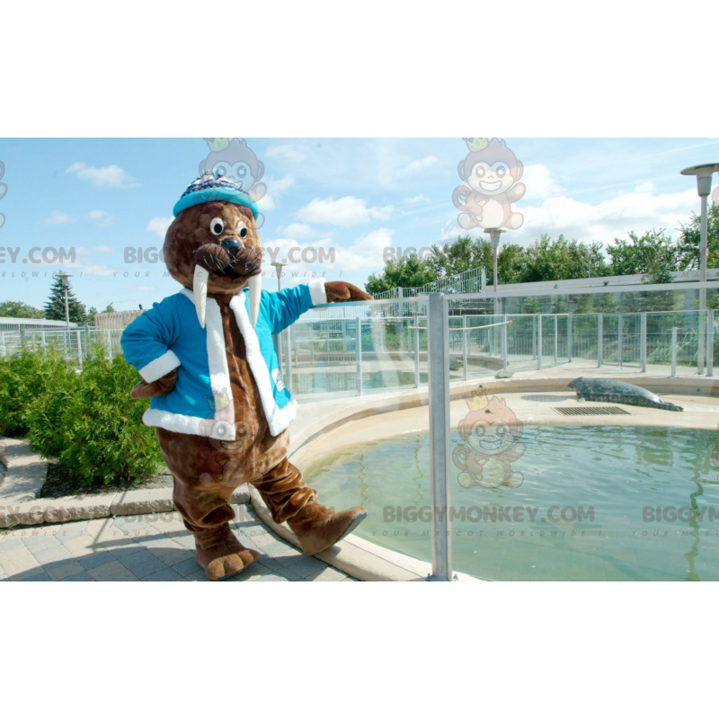 Brown Walrus BIGGYMONKEY™ Mascot Costume with Blue Jacket and