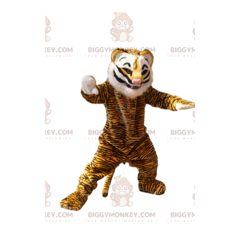 Tiger BIGGYMONKEY™ Mascot Costume with White Mane and Cute Pink