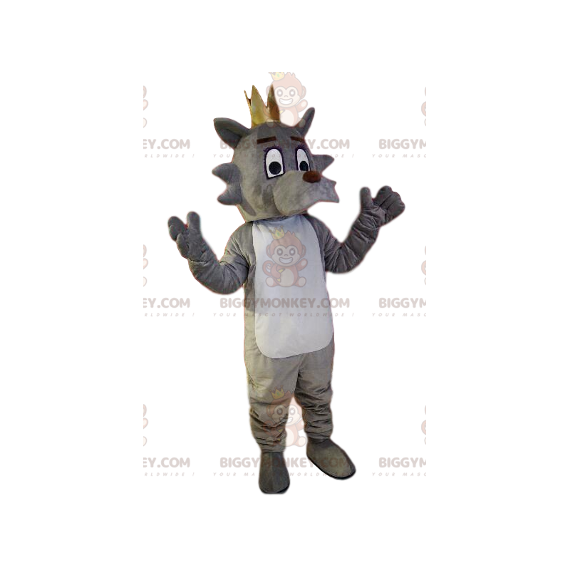 BIGGYMONKEY™ Mascot Costume Gray and White Dog with Gold Crown