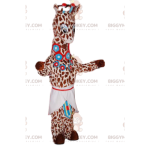 Giraffe BIGGYMONKEY™ maskotkostume med blå blomster og forklæde