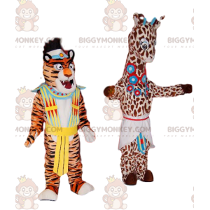 Giraffe och tiger BIGGYMONKEY™ maskotdräktduo med traditionella