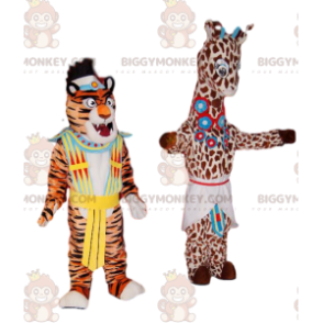 Kostýmní duo maskota žirafy a tygra BIGGYMONKEY™ s tradičními