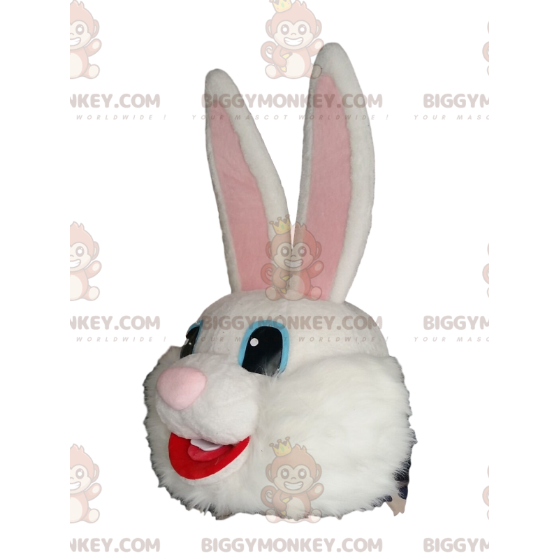 Zeer blij wit konijn BIGGYMONKEY™ mascottekostuum hoofd -