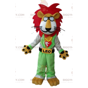 Leo de leeuw BIGGYMONKEY™ mascottekostuum met bril en rode
