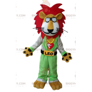 Traje de mascote Leo the Lion BIGGYMONKEY™ com óculos e juba