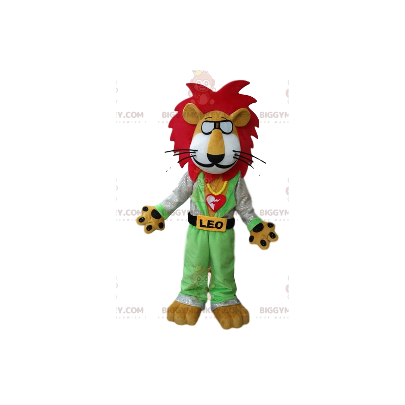 Leo de leeuw BIGGYMONKEY™ mascottekostuum met bril en rode