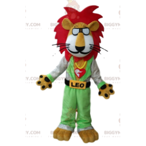 Løven Leo BIGGYMONKEY™ maskotkostume med briller og rød manke -