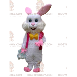 Vit kanin BIGGYMONKEY™ maskotdräkt med fuchsiajacka och gul