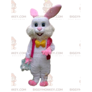 Kostium maskotka białego królika BIGGYMONKEY™ z fuksjową kurtką
