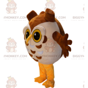 Traje de mascote BIGGYMONKEY™ de corujas amarelas e marrons