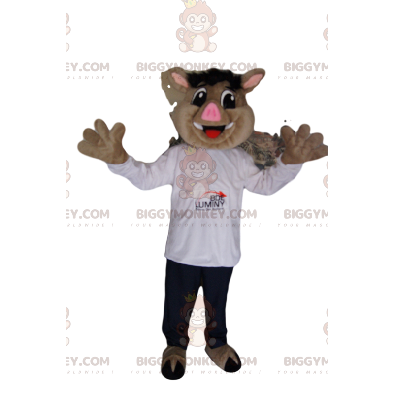 Traje de mascote Javali BIGGYMONKEY™ com camisa branca e jeans