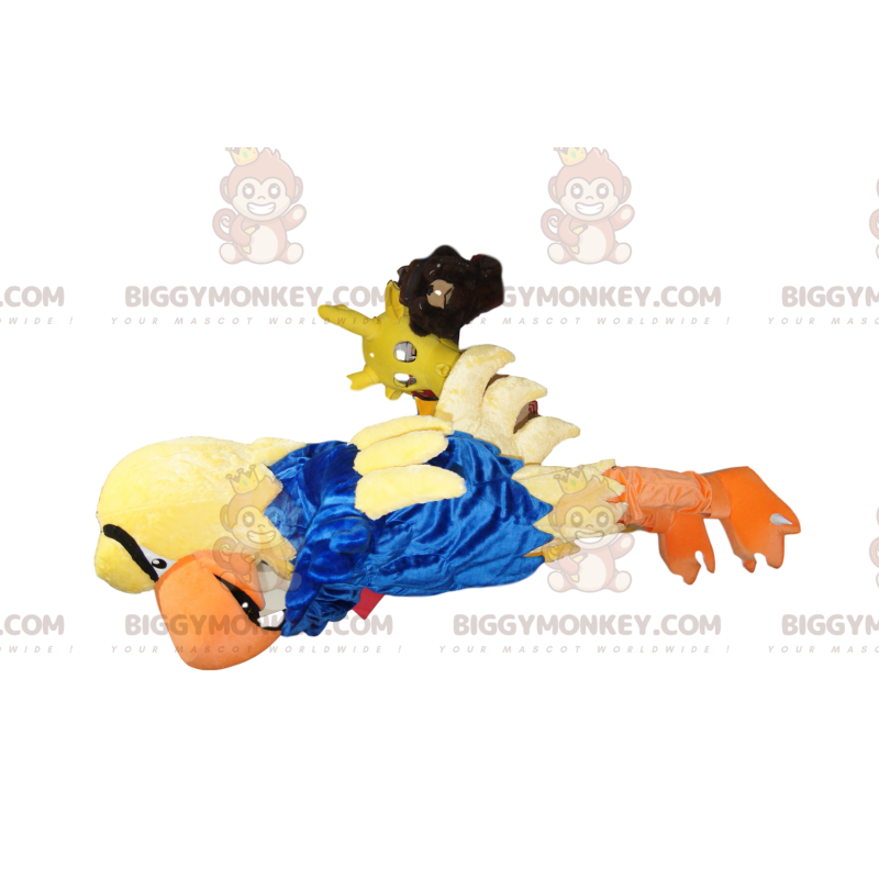Traje de mascote BIGGYMONKEY™ águia amarela com camisa azul –