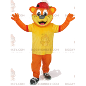 Orange björn BIGGYMONKEY™ maskotdräkt med gul t-shirt och röd