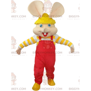 Maus BIGGYMONKEY™ Maskottchenkostüm mit rotem Overall und