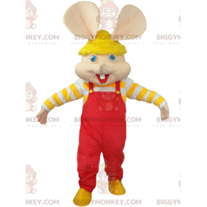 Muis BIGGYMONKEY™-mascottekostuum met rode overall en gele muts