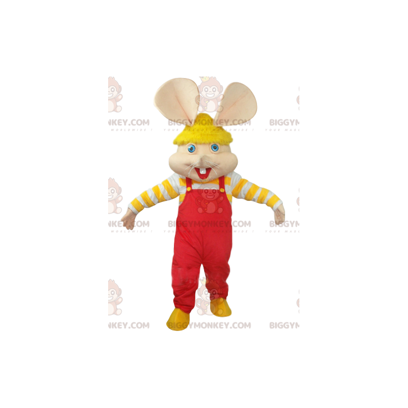 Mus BIGGYMONKEY™ maskotkostume med rød overall og gul hue -