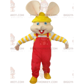 Mus BIGGYMONKEY™ maskotdräkt med röd overall och gul mössa -