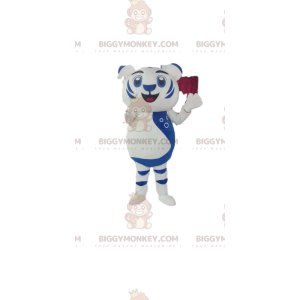 Costume mascotte BIGGYMONKEY™ cucciolo di leone bianco e blu.