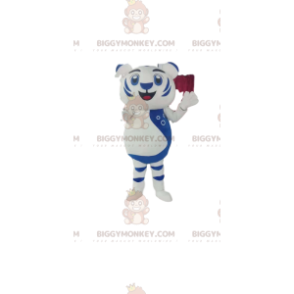 Costume de mascotte BIGGYMONKEY™ de lionceau blanc et bleu.